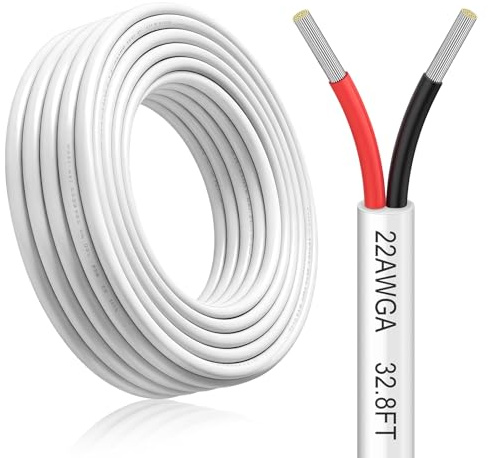 22AWG (2×0.3mm²) 2 Core Electrical Wire, Tinned Copper Low Voltage Cable for LED Strip Lights, Automotive Wiring & DIY Electronics, Flexible 300V Extension Wire, 5V/12V/24V, White, 10M/32.8FT