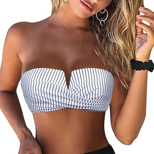 Hilor Sexy Bikini Tops for Women Strapless Bandeau Bikini Swimsuits Halter V Neck Bathing Suits Push Up Swim Top White Stripes 8