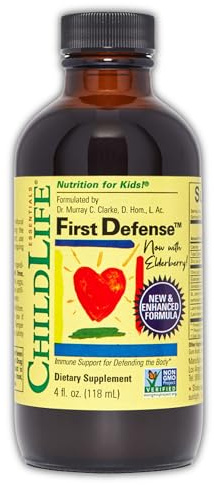 CHILDLIFE ESSENTIALS First Defense - Kids Immune Support, Immune Support for Kids, Toddlers 1-3, Babies 6 Months+, Vitamin Syrup with Elderberry, Zinc, Non GMO, Gluten Free - 4 Fl Oz (Pack of 1)