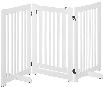 PawHut Freestanding Dog Gate Wood Doorway Safety Pet Barrier Fence Foldable w/Latch White, 155 x 76 cm