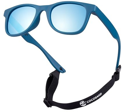 COCOSAND Toddler Baby Sunglasses with Strap Polarized Flexible Square Frame UV400 Protection for Kids Girl Boy Age 2-6, Matte Blue