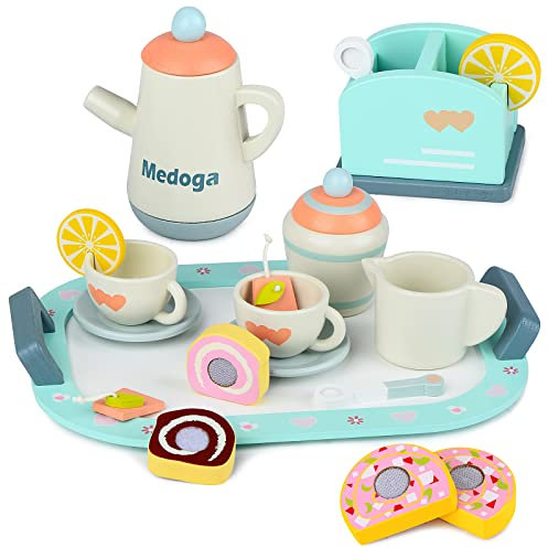 Wooden Tea Set toy Play Kitchen Accessories for Kids Pretend Play Food for Toddlers Tea Party Set for 3, 4, 5 Year Old Girls and Boys (multicolor)
