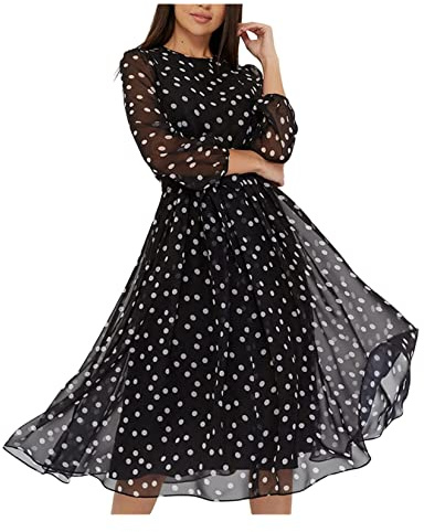 Dawwoti Abiti da Donna Abito in Chiffon A Maniche Lunghe A Pois Sciolto con Cintura per La Primavera Abito Casual Estivo