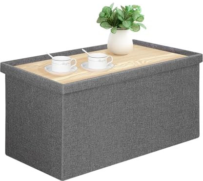 Bonlife Large Foldable Ottoman Bench with Coffee Table,Toys Chest with Lid,Footstool for Living Room,Support 250KG,Linen,Grey,76x38x38CM