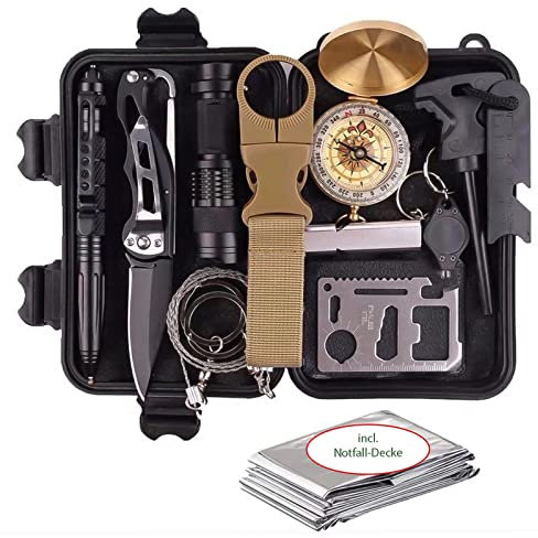 Grafner Mini Survial Kit, 11 teiliges Überlebens-Set, klein und leicht, Kunststoff-Box, Messer Taschenlampe Feuerstahl Drahtsäge UVM. Überlebens Set Notfall Set Outdoor Set Camping Wandern Bushcraft