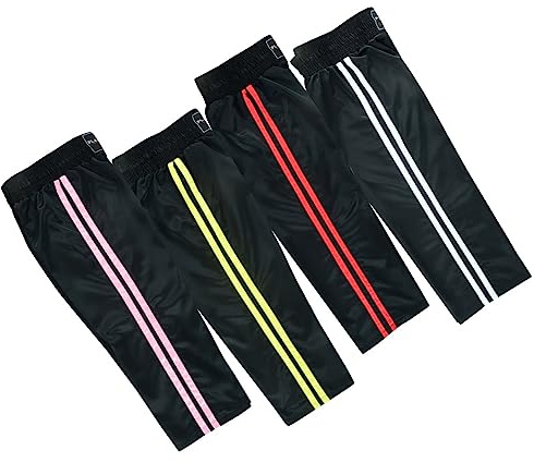 Kids Martial Arts Satin Kickboxing Full Contact Pants with Stripes (Trousers) (0/130cm, White Stripes)