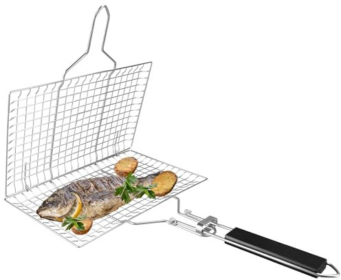 Cesta para parrilla, cesta de parrilla con cepillo de limpieza de parrilla, cesta plegable de acero inoxidable, para pescado, camarones, verduras (1 cesta de parrilla de pescado + 1 cepillo)