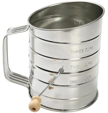 FJKG7 Flour Sifter For Baking, Fine Mesh Hand Crank Knob, Flour Sifter With 2 Wire Agitator Loop for Baking 3 Cup Stainless Steel Powdered Sugar Duster, Flour Shaker, Baking Tools (1, Wooden 3 Cup)