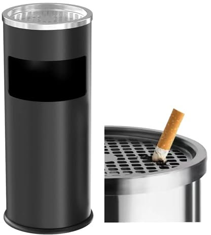 Curvaso Large Stainless Steel Outdoor/Indoor Dustbin with Ashtray, Removable Lid, & Free-Standing Design for Home, Garden, Office, Restaurant & Pub Black Round