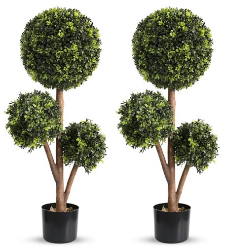 Damomo Konstgjord figurklippt buxbom, utomhus 0,9 m falska figurer, buxbom, trippel kulträd, fuskbuskar växter, planterade (2-pack) grön dekor inomhus veranda eller trädgård (89 cm)
