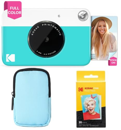 KODAK Printomatic Paquete básico de cámara con impresión instantánea a Todo Color + Estuche Blando + Paquete de 20 Papeles fotográficos Zink - Fotos Coloridas en Papel Adhesivo de 2 x 3 - Azul