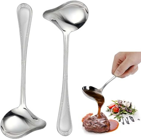 XoeLLe 2 Pezzi Mestolo per Salsa, Mestoli Cucina, Acciaio Inossidabile Cucchiaio Saucier, Utensili Cucina, Mestoli Set, Cucchiaio Saucier con Beccuccio Versatore per Zuppe, Salse, Condimento