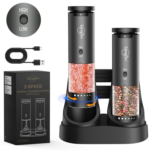 Sangcon 2 vitesses Moulin à sel et poivre électrique, 6 niveaux de grain réglables à l'extérieur, broyeur à poivre automatique avec base de rangement de charge USB, meulage d'une seule main (gris