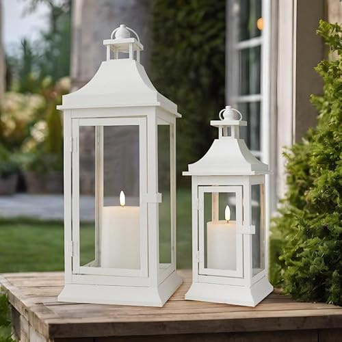JHY DESIGN Set of 2 50cm & 33cm Tall Outdoor Candle Lanterns Vintage Hanging Tower Canldesticks Metal Holder for Garden Living Room Indoor Parties Weddings Balcony(White)