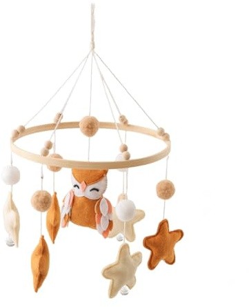 Lit de bébé mobile en bois avec boules de feutre, hibou et étoile, carillon éolien, cloche de lit, pendentif pour lit de bébé, décoration de chambre d'enfant, cadeau pour bébé fille ou garçon (café)
