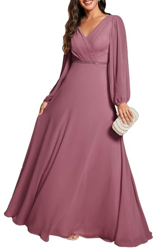 Ever-Pretty Vestito Elegante Donna Cerimonia Manica Lunga Scollo A V Gonna Lunga Fino al Pavimento Abito da Sera Orchidée 36