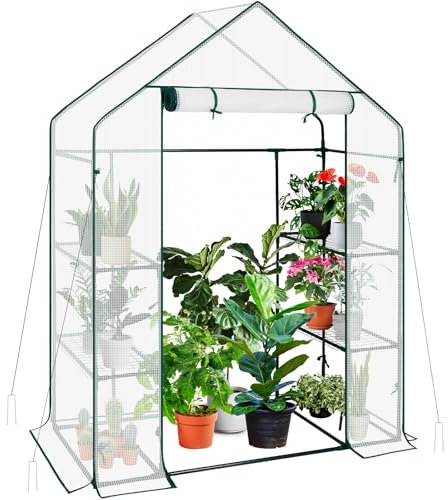 AMHANCIBLE Gewächshaus, Foliengewächshaus mit 3 Regale, Tomatengewächshaus, 140x70x195cm, Gewächshaus Balkon mit PE Gitterfolie für Tomaten & Pflanzen, Weiß EGWH13WT