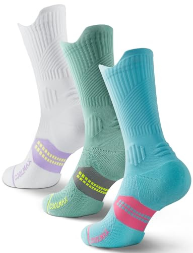 Juclise Calcetines de compresión Coolmax Bamboo para correr para mujer, transpirables, antiampollas acolchados (FR/ES, Números, 35, 38, Regular, Regular, Blanco Morado+Pared Verde+Verde Agua)