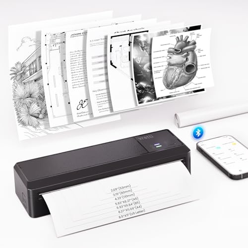 vretti Stampante Portatile A4, Stampante Termica Portatile A4 per Viaggio, Connessione Bluetooth per Smartphone, Compatibile con Android/iOS, Stampante da Viaggio per Casa, Studio