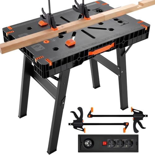 TLGREEN Fällbar Arbetsbänk & Bock-set, 2-pack fällbart arbetsbord med eluttagslist och 4 spännanordningar, portabelt arbetsställ, 680 kg totalt, för hemmabygge, DIY, träbearbetning och byggarbetsplats