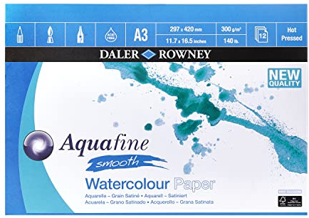 Daler-Rowney Aquafine Smooth Hot-Pressed Watercolour & Gouache A3 300gsm Paper Pad, Glued 1 Side, Natural White, 12 Sheets, For Professional & Beginner Artists & Students, Acid-Free