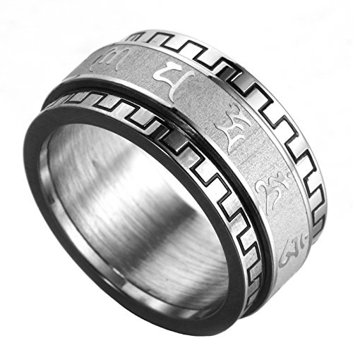 HIJONES Femme Acier Inoxydable Mantra Bouddhiste Om Mani Padme Hum Chanceux Spinner Anneau Bande 10 Mm Argent Taille 54