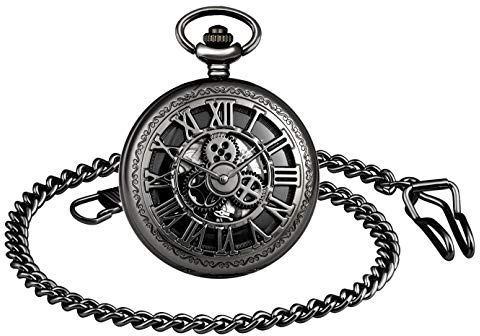 MICGIGI orologio da taschino meccanico unisex a carica manuale, con catena (nero)