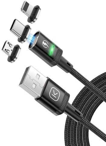 Kuulaa 3-i-1 magnetisk laddkabel, 3 A snabbladdningskabel av nylon, flätad med LED Light Magnetic USB-laddningskabel för mikro-USB, typ C-enheter och iProducts (svart, 1 m)
