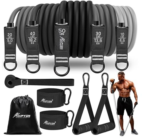 HPYGN Fitnessbänder Resistance Bands Set, 150lb Widerstandsbänder mit Türanker, Griffen, Knöchelriemen, 5 Widerstandsstufen, Tragbar, Ideal für Hanteln Krafttraining, Physiotherapie für Männer Frauen