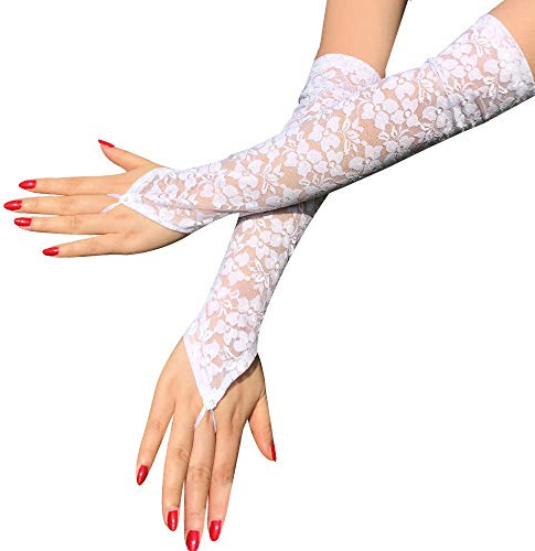 Latious Lace Gloves White Fingerless Long Bridal Gloves Floral Glove 1920s Party Wedding Prom Glove Accessories for Women and Brides Elbow Length (White)
