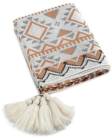 LumiSyne Manta De Punto con Borlas Vintage Estilo Etnico Bohemio Patrón Geométricos Cálido Suave Cubresofa para Sofá Cama Cubrecama Manta Chal 170x130cm