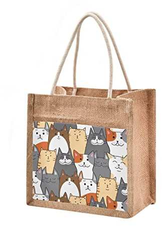 CaTaKu Cats Funny Jute Tote Bag with Handles, Zipper, Reusable Shopping Bag - Burlap with Front Canvas Pocket - Gift for Beach, 10 x 10