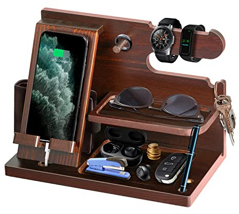Cadeau Original homme Support Bois Téléphone Bureau et Montre Organisateur de Table pour Fête des Pères