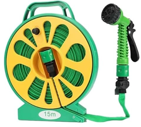 Tubo da Giardino con Doccia da 15 m con avvolgitubo Manuale, Pistola a 7 Tipi di Getto, Tubo per l'Acqua in PVC, Verde, per irrigazione, innaffiare,Giardinaggio