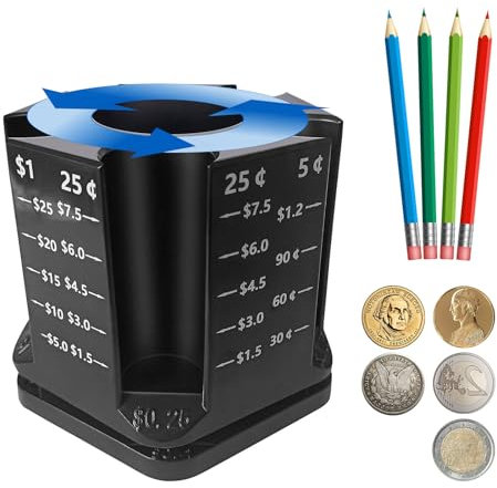 Qivine Münzhalter, 5 Fächer Drehbarer Münzsortierer US Dollar Cent Münzen Münzbox mit Stifthalter und Skala, Kleingeld Aufbewahrung Münzsammler für 189 Münzen