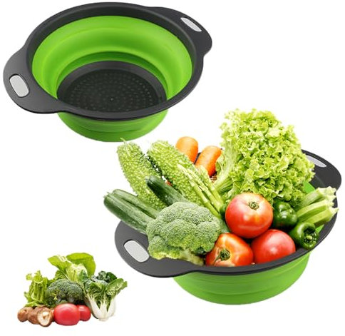 2 Passoires pliables en silicone, Passoire Pliant en Silicone pour la cuisine,Passoire de cuisine compacte et pliable, adapté aux pâtes, aux fruits et aux légumes dans l'égouttoir (23,5 + 29 cm)