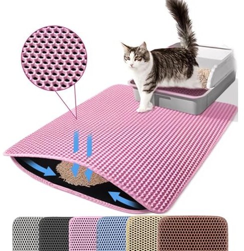 Petinstinct Tappetino Lettiera Gatto 75x55cm, Grande a Doppio Strato a Nido d’Ape, Antiscivolo Impermeabile Antipioggia, Tappeto Lettiera per Pavimento, Accessori Gatto, Rosa
