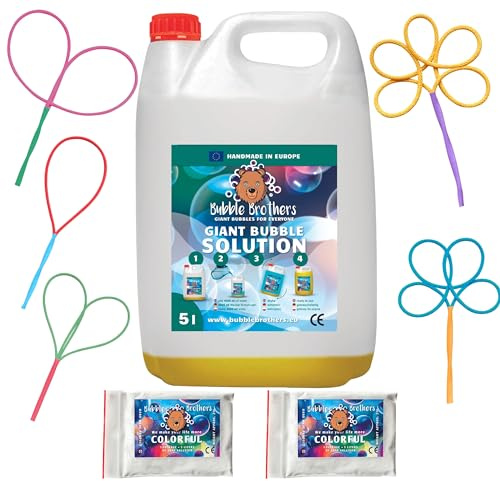 Bubble Brothers Líquido de burbujas de jabón para burbujas gigantes, 2 x 5 litros de pompas de jabón rellenables, grandes y estables burbujas de jabón en polvo (3 x 5 L + 5 varillas de burbujas)