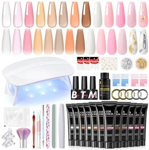 COSCELIA Kit de Extensión de Uñas,12 Colores Gel de Extensión de Uñas Con Lampara Uñas y Slip Solution,Kit de Manicura Con Top Coat y Base Coat y Matte Coat Semipermanente,Kit Uñas de Gel Completo Set