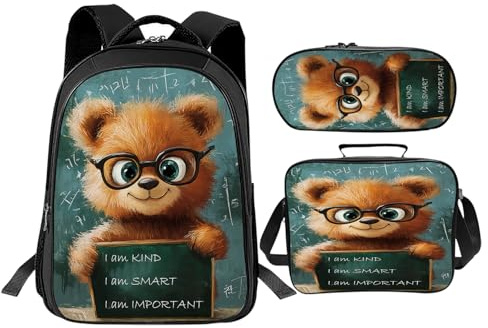 Trimety Funny Bear Backpack Set 3 Piece School Bags and Lunch Box with Pencil Case Cute Brown Bear Bookbag Set for Toddler Kids Girls Boys Teens Kindergarten Elementary Middle