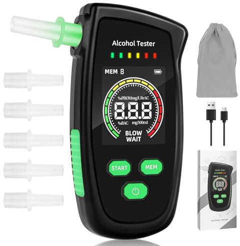 BEE&FLOWER Etilometro Portatile Certificato - Ricaricabile Alcol Test Portatile, Alcoltest di Alta precisione con 5 boccagli, etilometro Altamente preciso con Schermo per Test Personali a casa