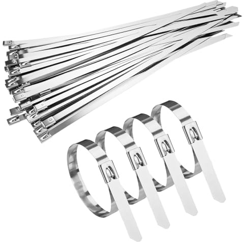 50 Piezas Bridas Metalicas Inoxidables, 300 x 7.9mm Plateado Bridas de Acero Inoxidable Sujetacables Autoblocante, Resistencia Tracción 120 Kg Resistencia a UV, para Fijación de Tuberías,Atado Cables