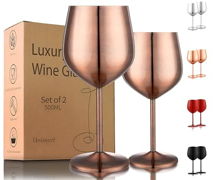 UNISWEET Stainless Steel Wine Glasses Set of 2, 18 oz Unbreakable Wine Glass Unique Metal Wine Goblets for Outdoor Capming and Pool Gift for Wine Lovers (Red Copper)