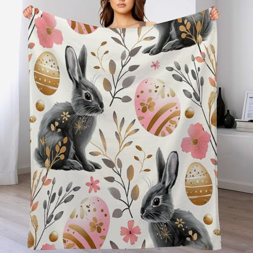ArogGeld Watercolor Bunny Colorful Floral Warm Flannel Blankets Rabbit Easter Eggs Wildflowers Flannel Fleece Blankets Cosy Soft Warm Sofa Throw 50x60in Christmas Housewarming Gift to Mom