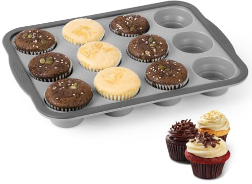 Alaoo Stampo per Muffin in Silicone, 31x22.2x3cm, Standard Teglia Muffin, 12 Stampi Muffin, Antiaderente, Adatto per Muffin, Cupcake, Brownies e Budini(Grigio Chiaro)