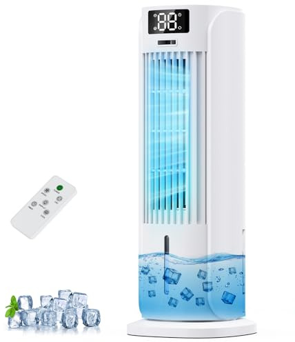 Enfriador de Aire 4 en 1, Aire Acondicionado con 2 Modos, 6 Velocidades, Oscilación 90°, Temporizador 12H, con Depósito de Agua Mando a Distancia, Silencioso, Portátil, para Hogar y Oficina