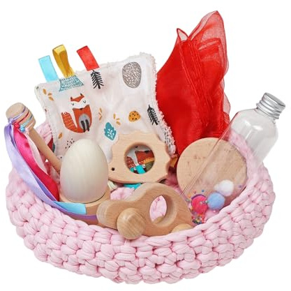 Cesto de los Tesoros Montessori para Bebés (4-18 Meses) – Juguete Sensorial Hecho a Mano con Materiales Naturales – Juego Educativo de Estimulación y Desarrollo – Regalo Bebé Original - Color Rosa