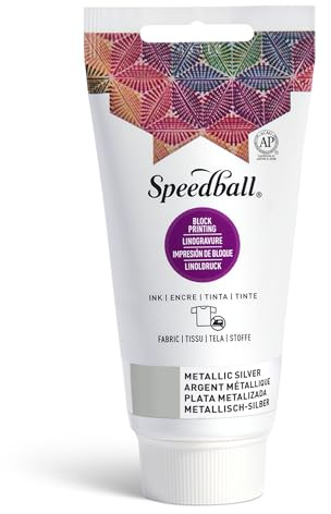 Speedball 75ml 2.5oz Fabric Block Printing Ink Metallic Silver Fabric Printmaking Ink, No Heat Set Required Touch Dry Overnight