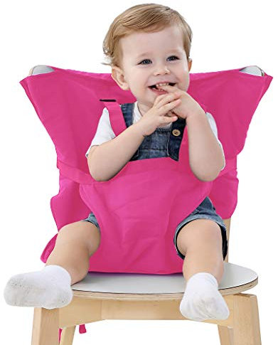 Vine Easy Seat - Trona portátil de viaje ajustable, segura y lavable, funda de asiento para trona infantil, práctica trona de tela que cabe en tu bolso, color gris y rosa
