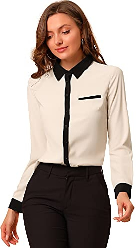 Allegra K Women's Button Down Shirts Long Sleeve Work Office Tops Collared Shirt Casual Chiffon Blouses 2026 Large Beige